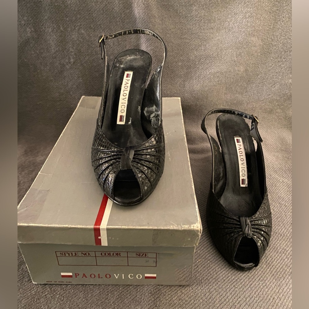 PaoloVico Black Leather Embossed Snake Slingback Peep Toe Sandal **VINTAGE**